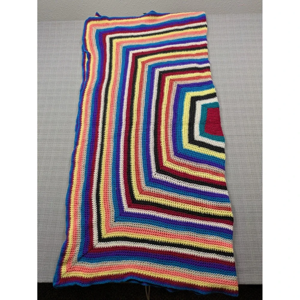 Handmade Knit Afghan Throw Blanket 48x47 Multicolor Striped Reversible
